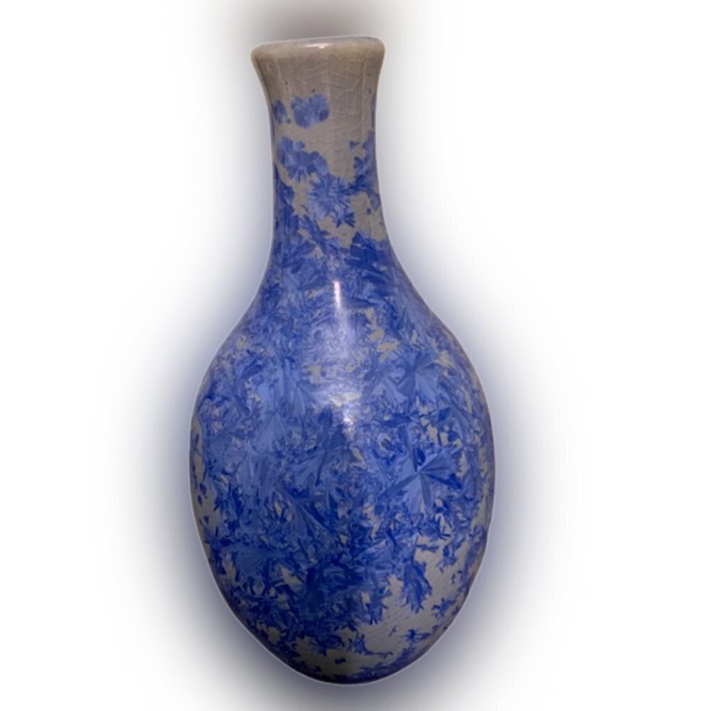 Vintage Handmade Signed Blue White Crystalline Teardrop Vase 8" x 6"